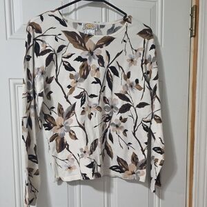 Talbots Cream and Brown Floral Long Sleeve Top